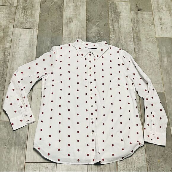 New Talbots White Cotton Embroidered Red Blue Button Up Lined Shirt L Nautical - Picture 1 of 8